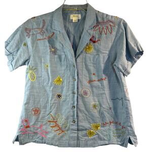 Maeve Women Blue Short Sleeve Embroidered Boho Button up shirt Size Small